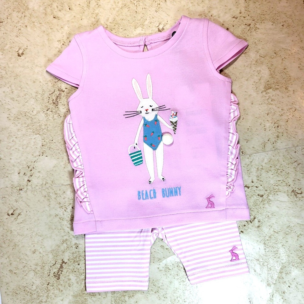 Joules Paula Beach Bunny 2 Piece Pink Short Sleeve Top Stripe Pant 3 Mnth 10-14#